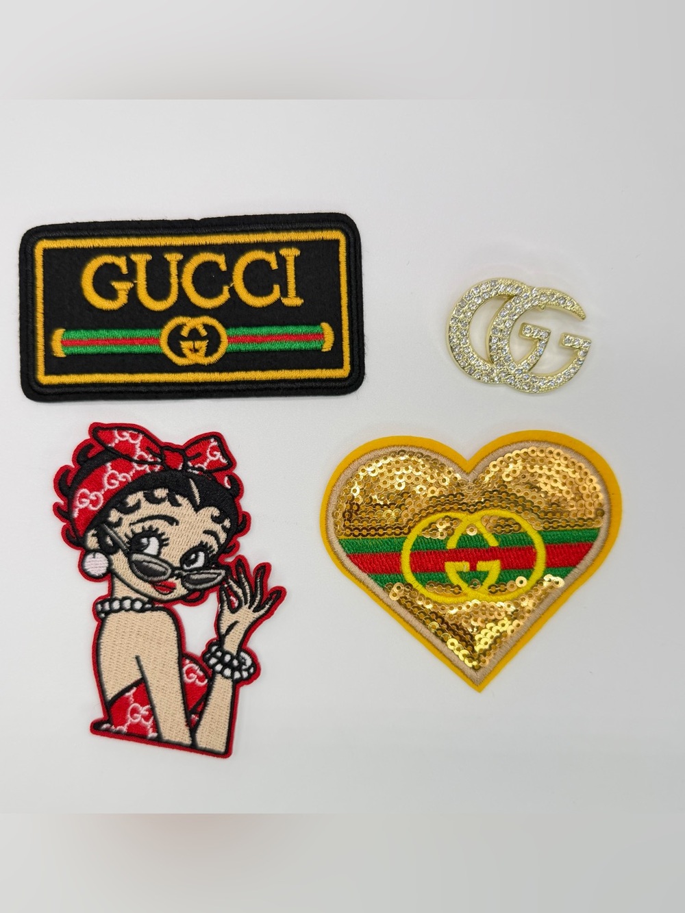 Gucci Women’s Sequin Heart & Logo Brooch Set in Gold, Red, Green, Black